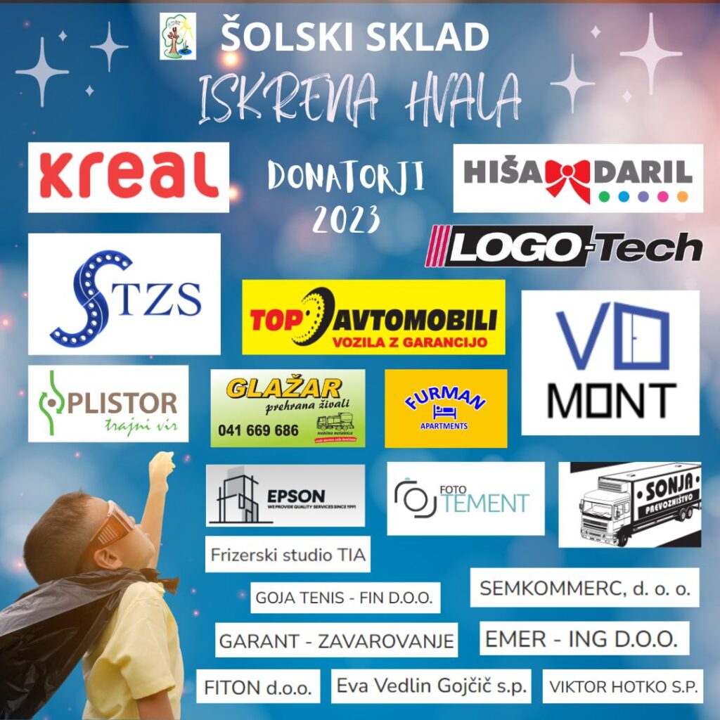 Zahvala donatorjem za prispevke v šolski skad Osnovne šole Hajdina v letu 2023